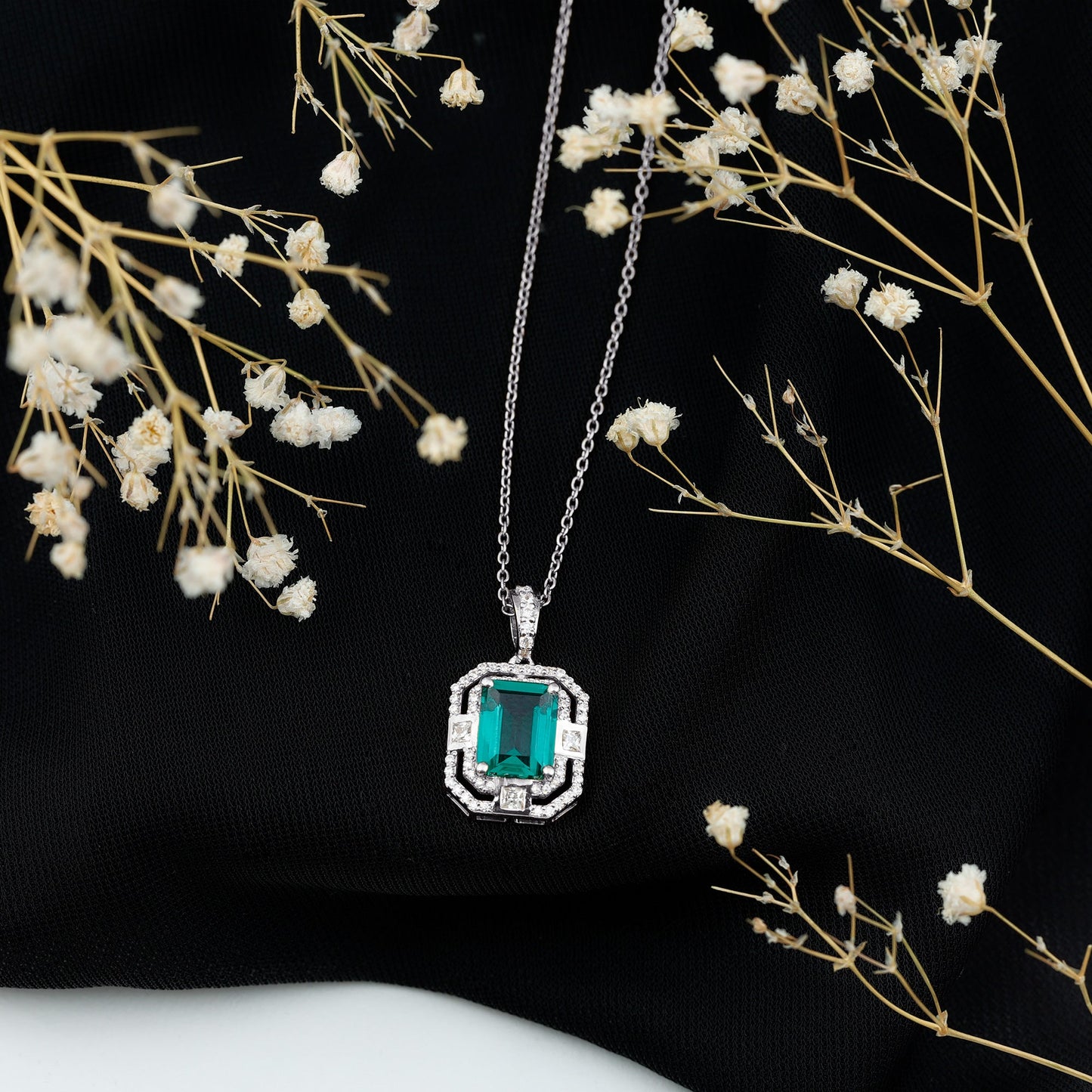 Octagon Cut Lab Created Emerald Vintage Necklace With Chain