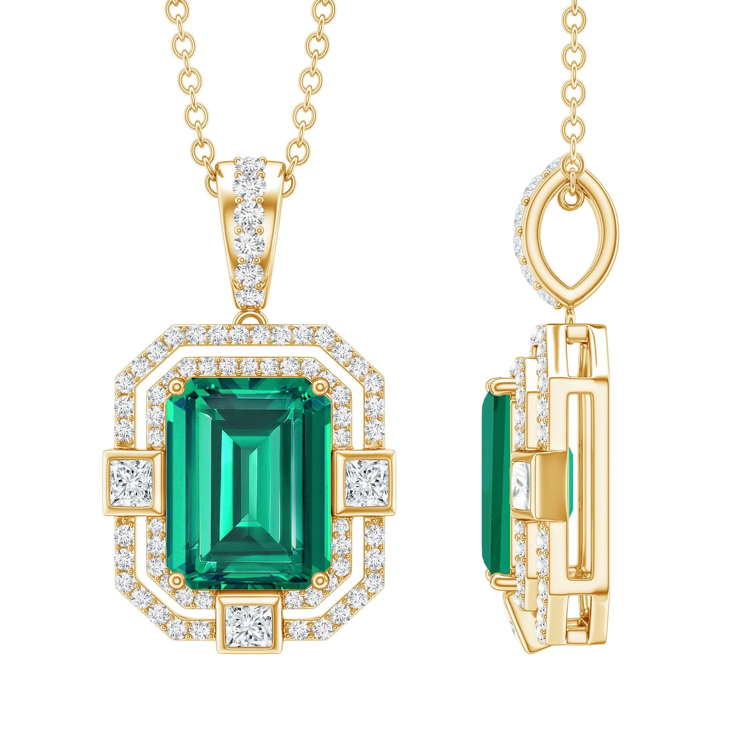 Octagon Cut Lab Created Emerald Vintage Necklace With Chain