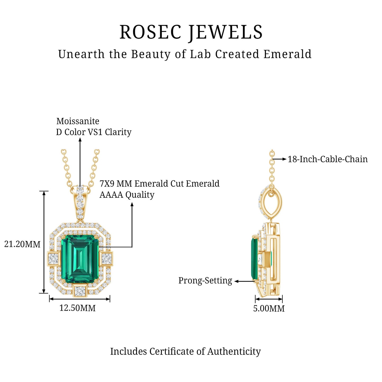 Octagon Cut Lab Created Emerald Vintage Necklace With Chain