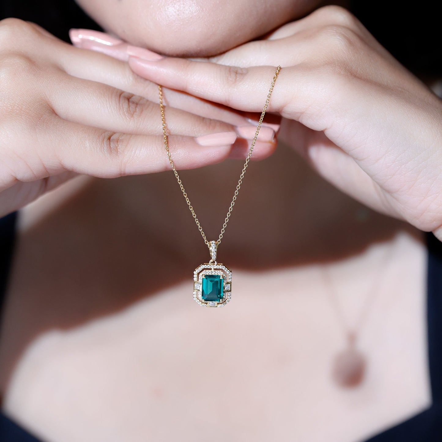 Octagon Cut Lab Created Emerald Vintage Necklace With Chain