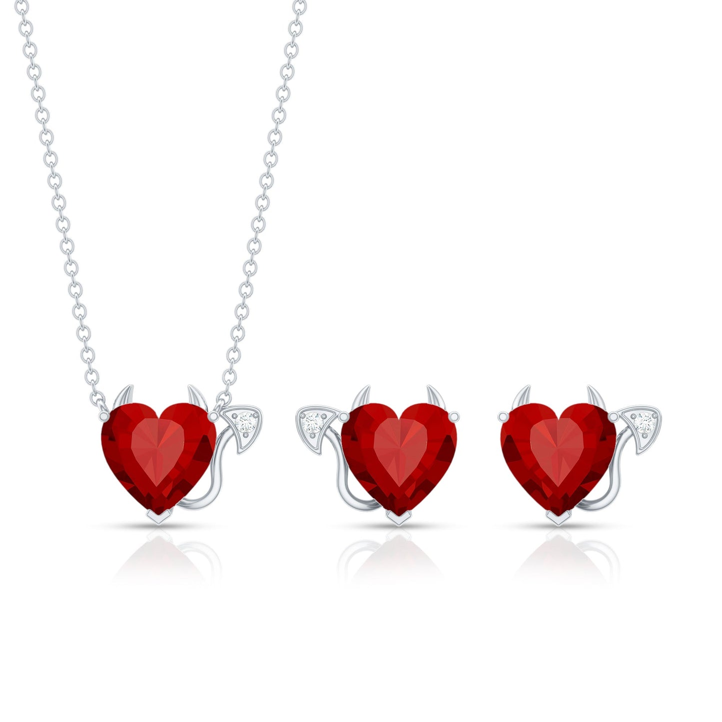 Lab Grown Ruby Heart Necklace And Earrings Set With Diamond