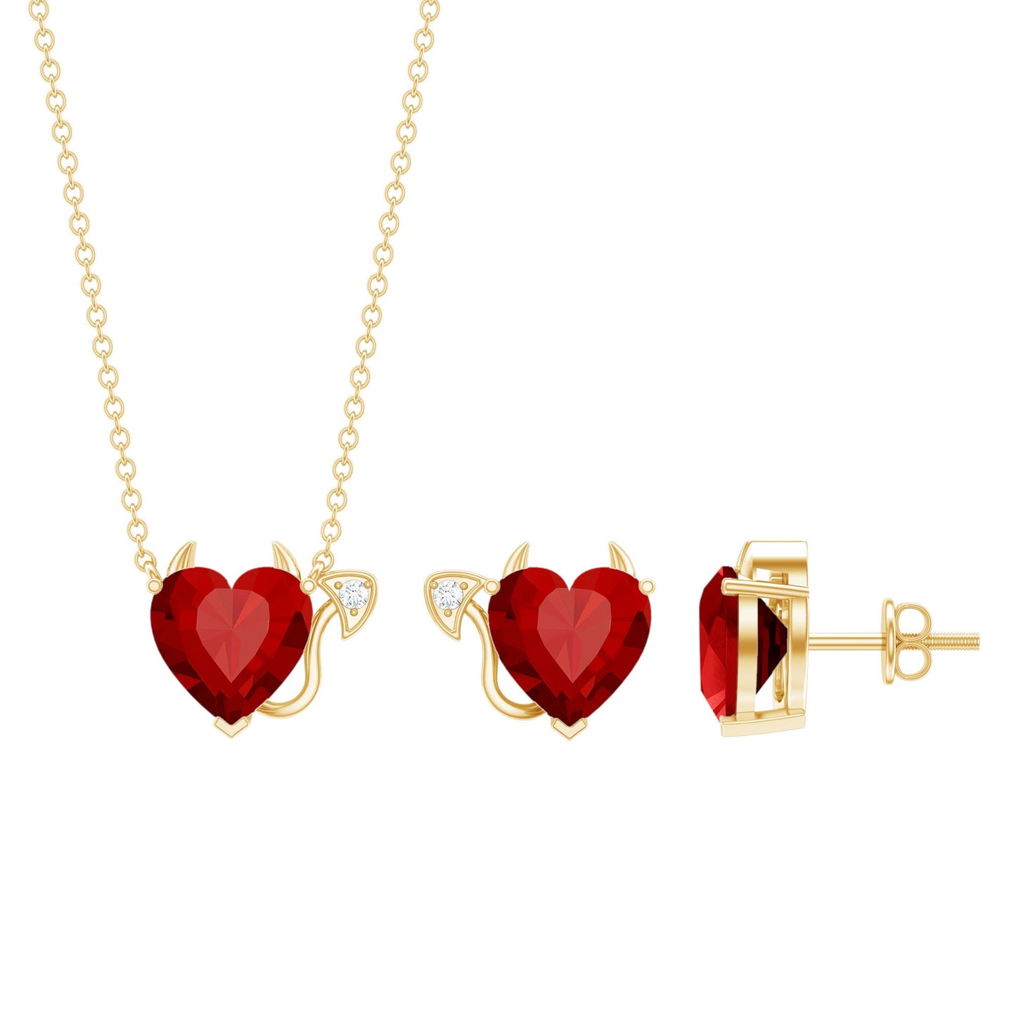 Lab Grown Ruby Heart Necklace And Earrings Set With Diamond