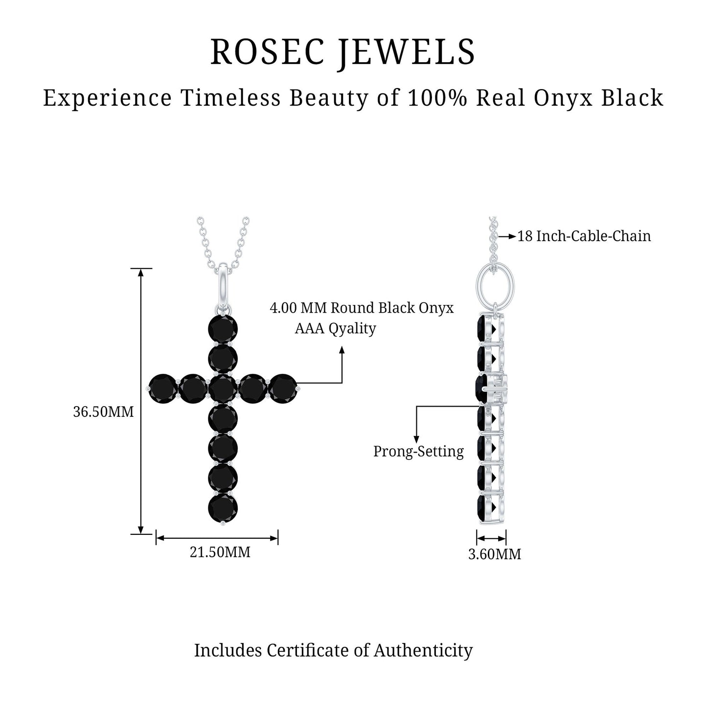 Natural Black Onyx Cross Pendant Necklace for Women