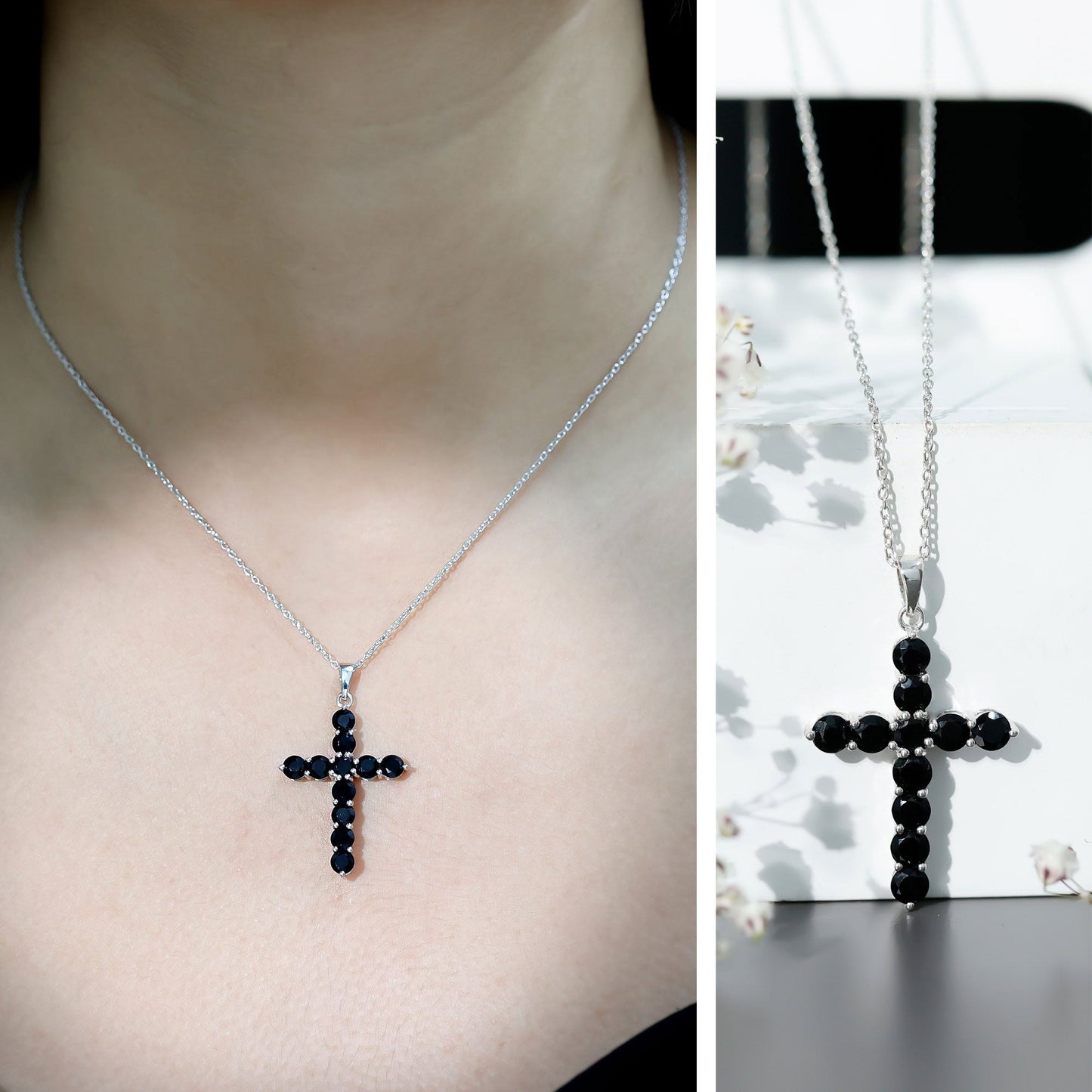 Natural Black Onyx Cross Pendant Necklace for Women