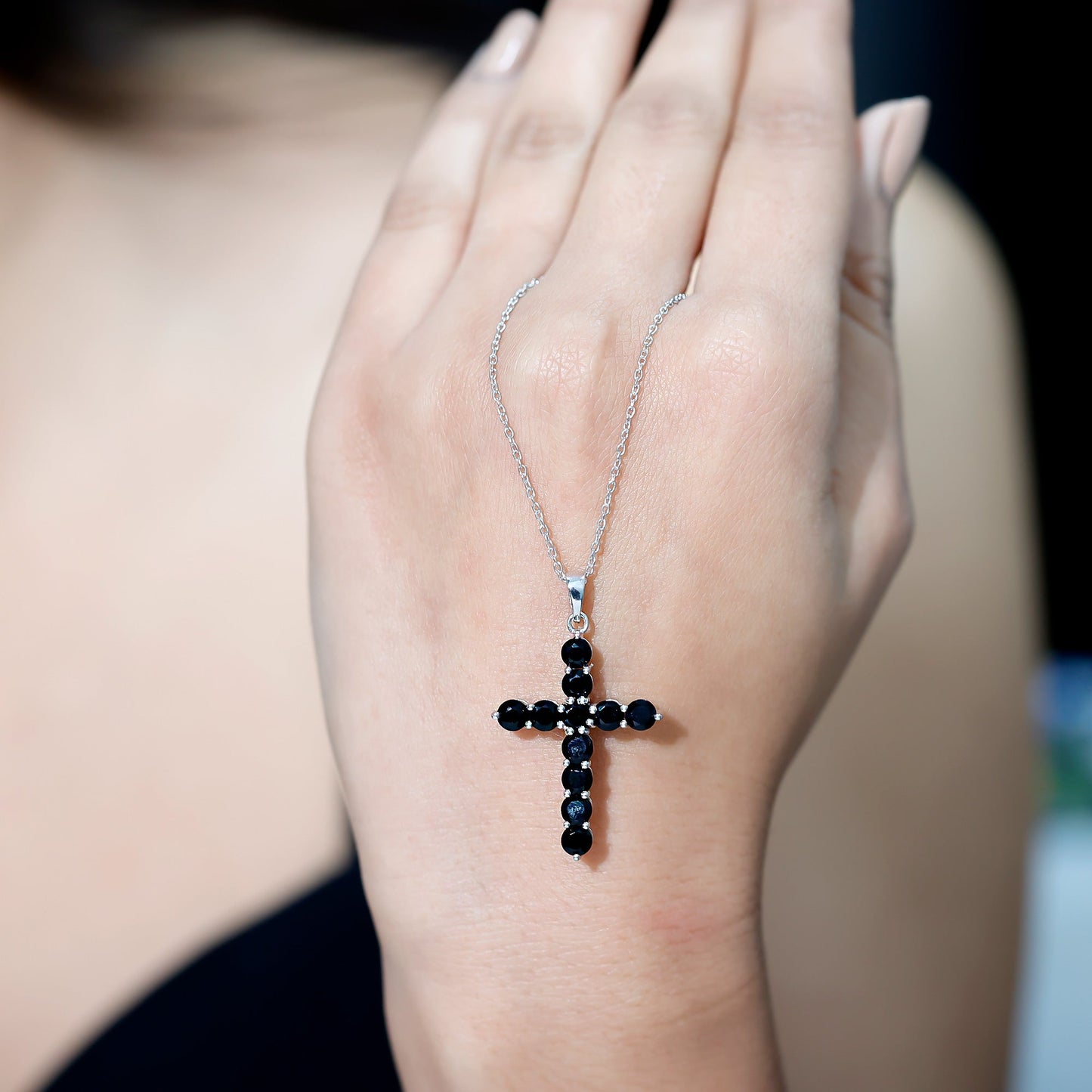 Natural Black Onyx Cross Pendant Necklace for Women