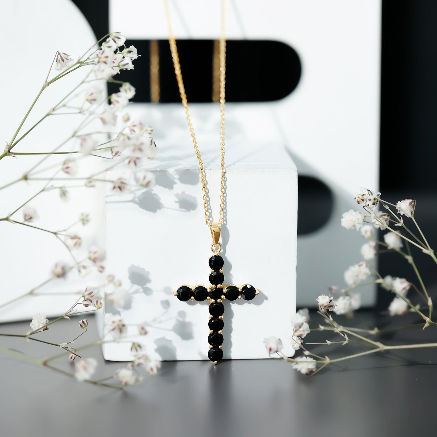 Natural Black Onyx Cross Pendant Necklace for Women