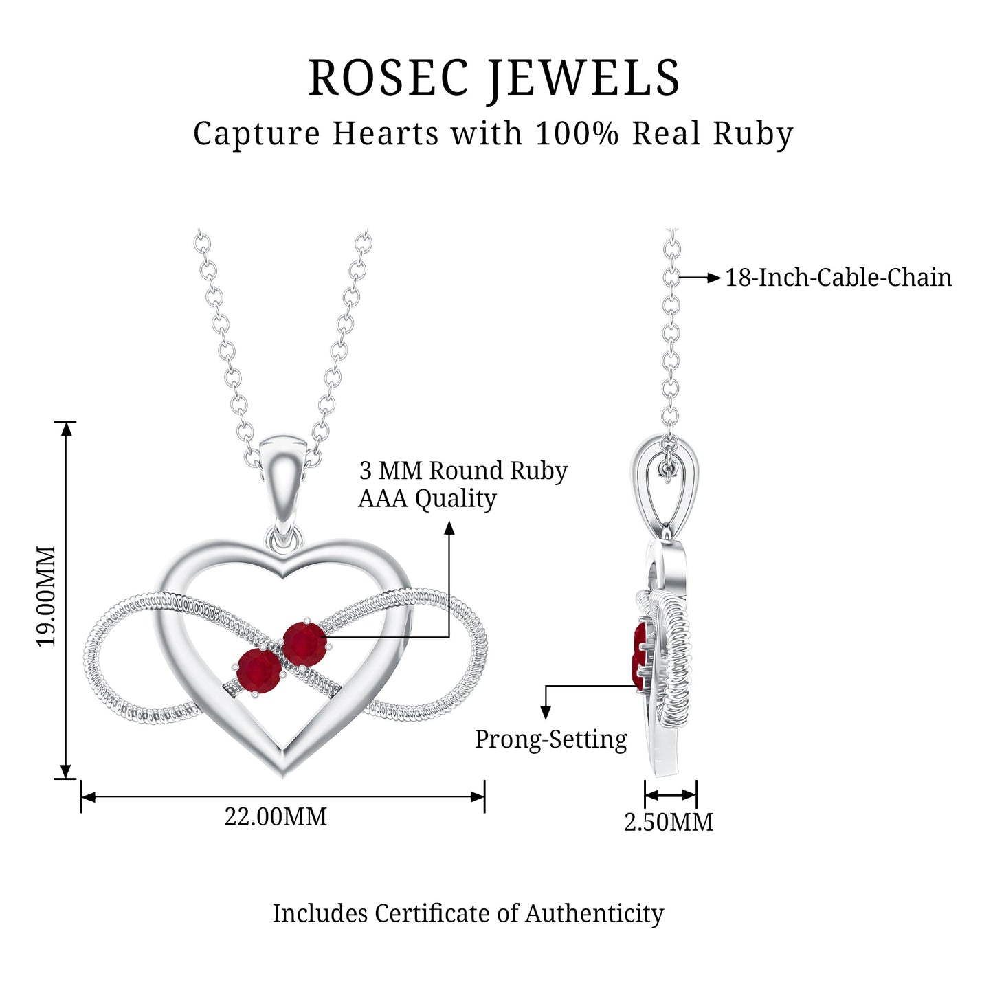 Unique Heart Infinity Pendant Necklace with Ruby