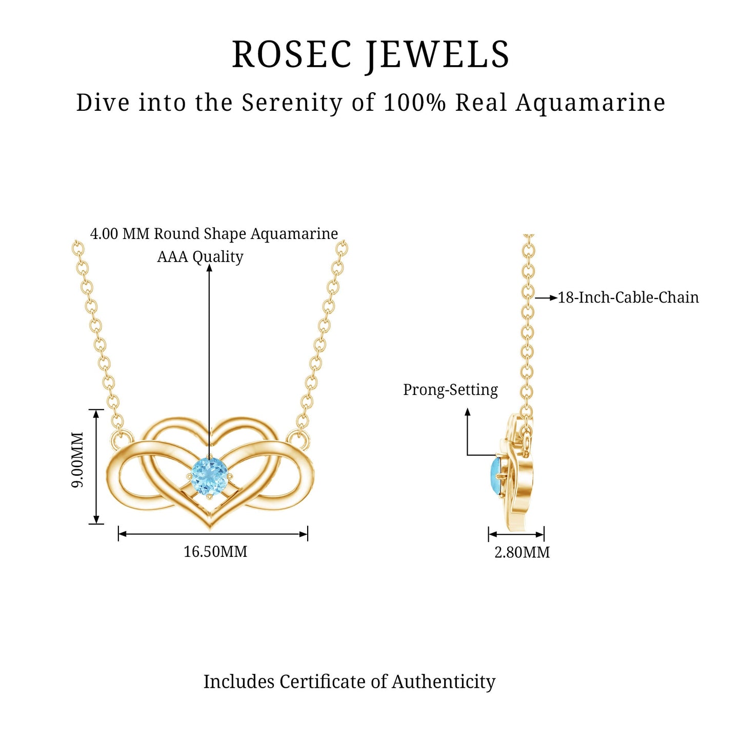 Certified Aquamarine Infinity and Heart Necklace