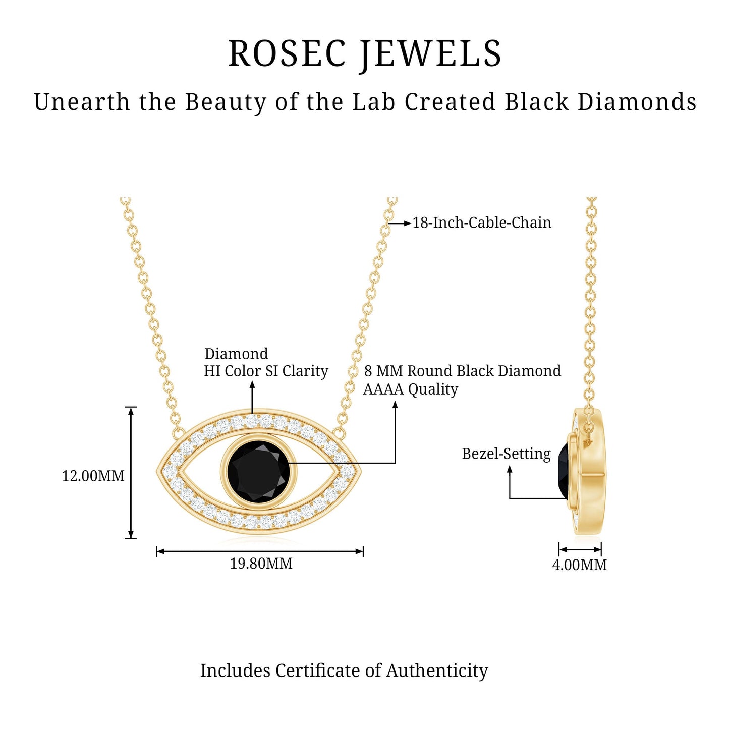 Gothic Lab Created Black Diamond Evil Eye Necklace With Diamond