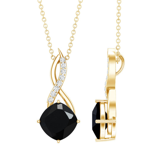 Cushion Cut Black Onyx Solitaire Infinity Necklace with Lab Diamond