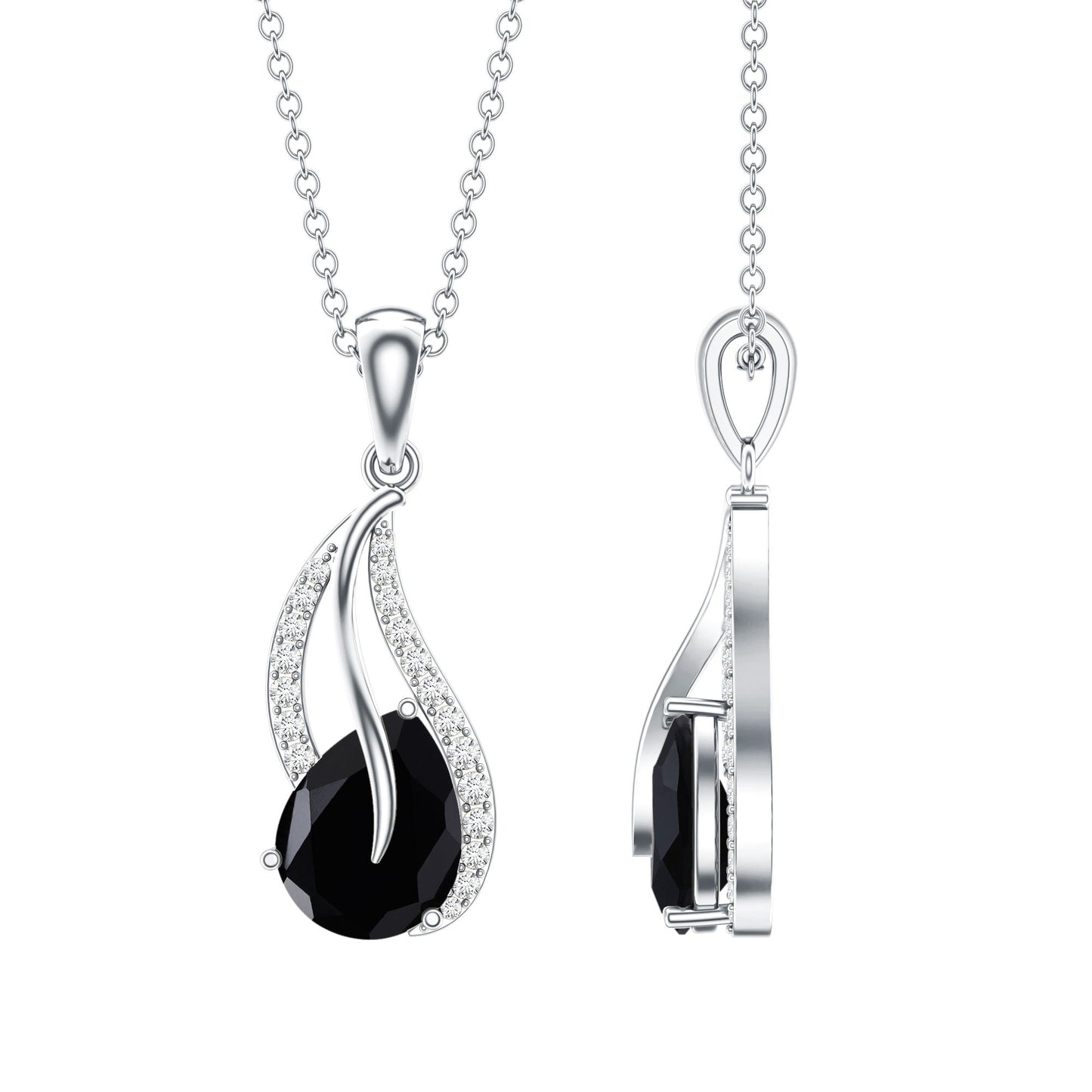 Pear Shaped Black Onyx and Diamond Leaf Pendant Necklace