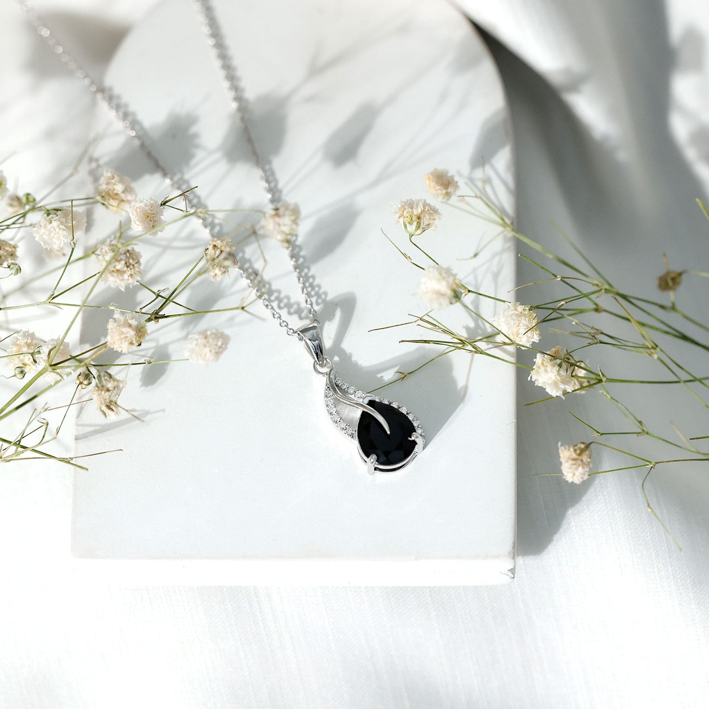 Pear Shaped Black Onyx and Diamond Leaf Pendant Necklace