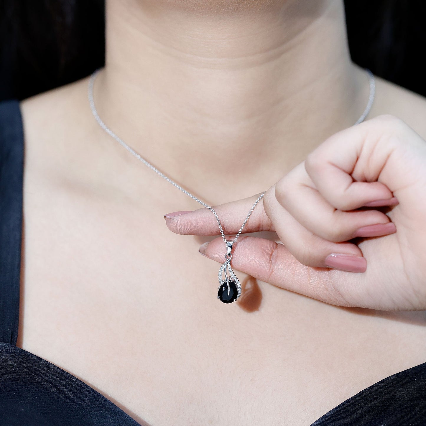 Pear Shaped Black Onyx and Diamond Leaf Pendant Necklace