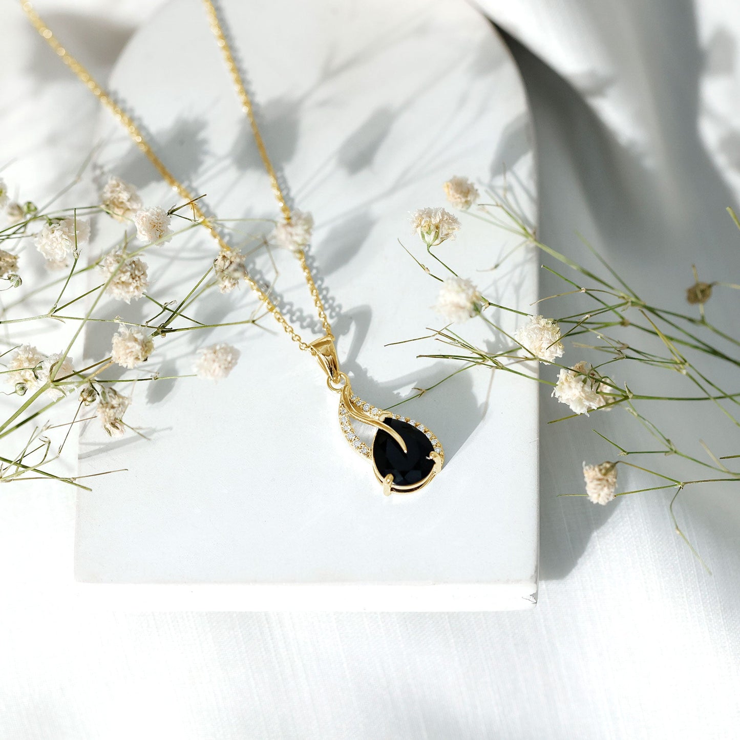 Pear Shaped Black Onyx and Diamond Leaf Pendant Necklace