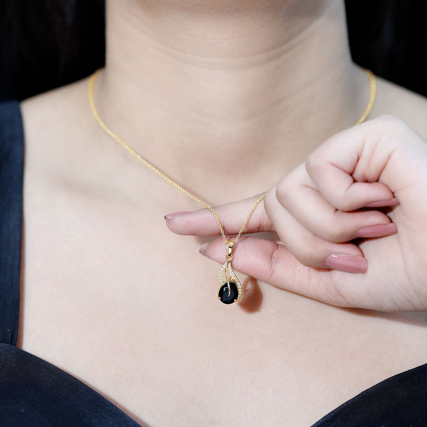 Pear Shaped Black Onyx and Diamond Leaf Pendant Necklace