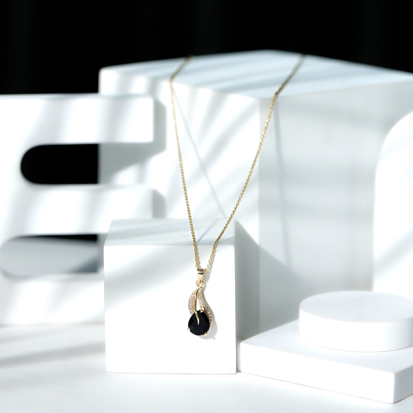 Pear Shaped Black Onyx and Diamond Leaf Pendant Necklace