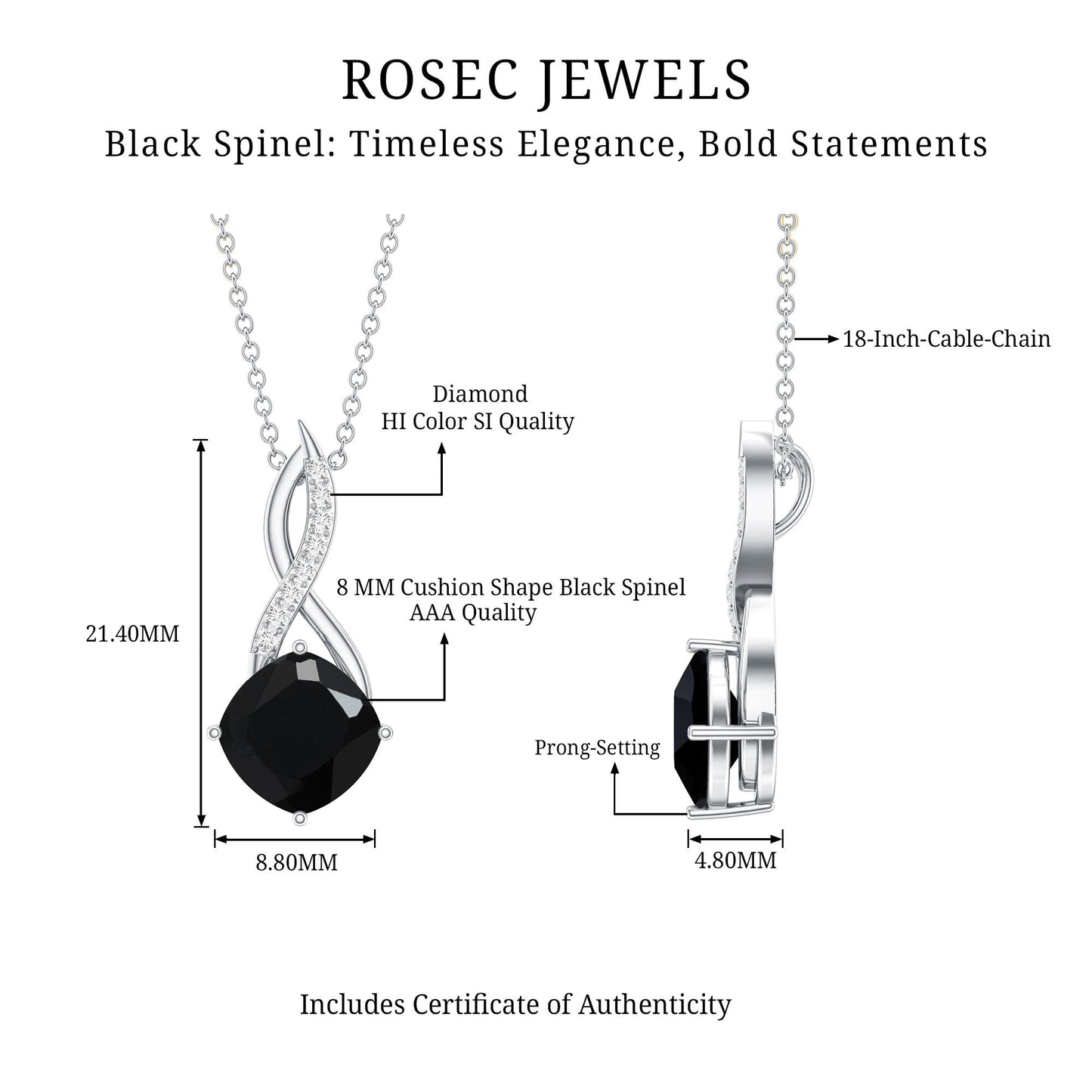 2 Carat Cushion Cut Black Spinel and Diamond Infinity Necklace
