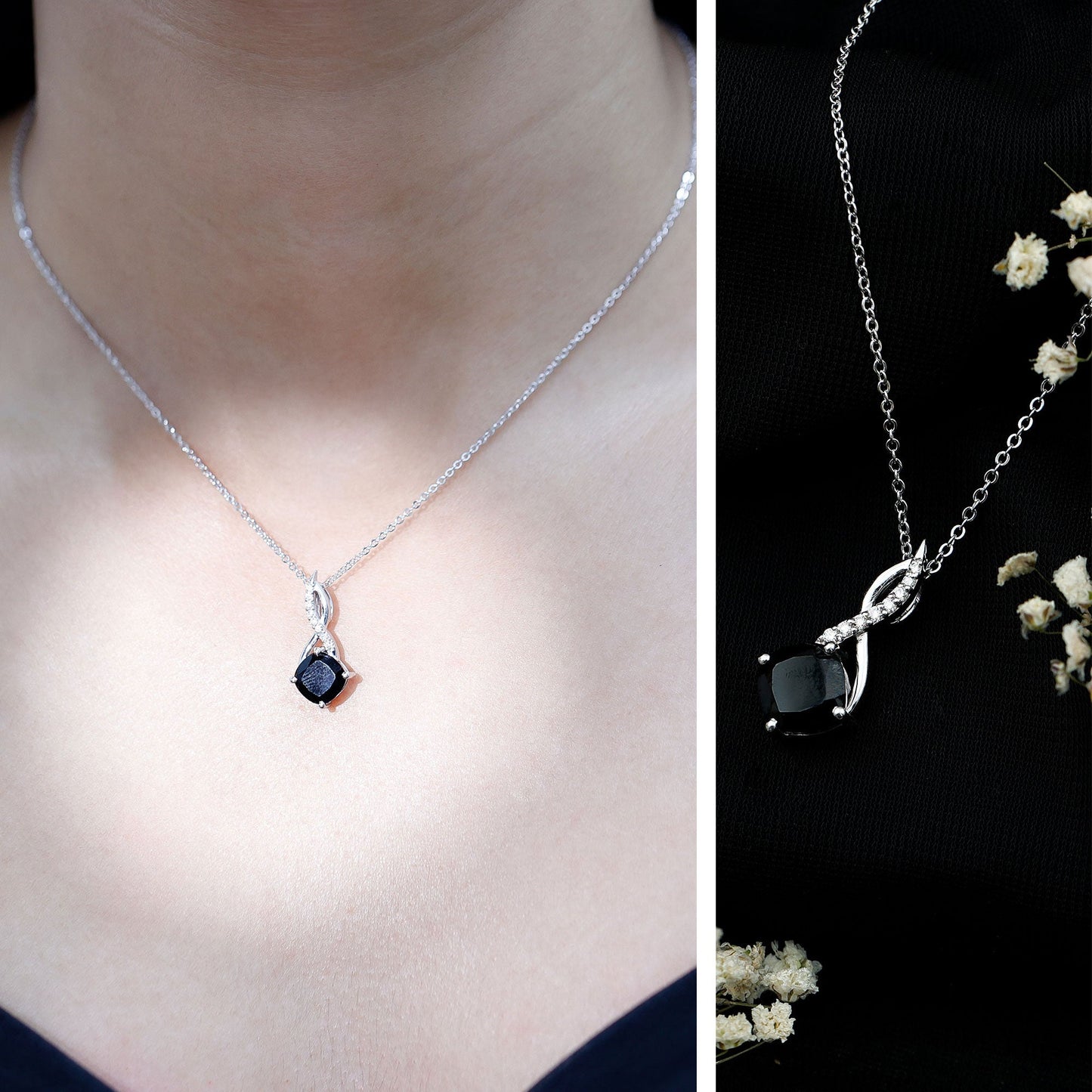 2 Carat Cushion Cut Black Spinel and Diamond Infinity Necklace