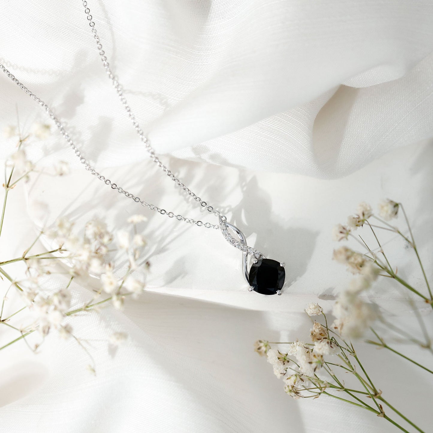 2 Carat Cushion Cut Black Spinel and Diamond Infinity Necklace