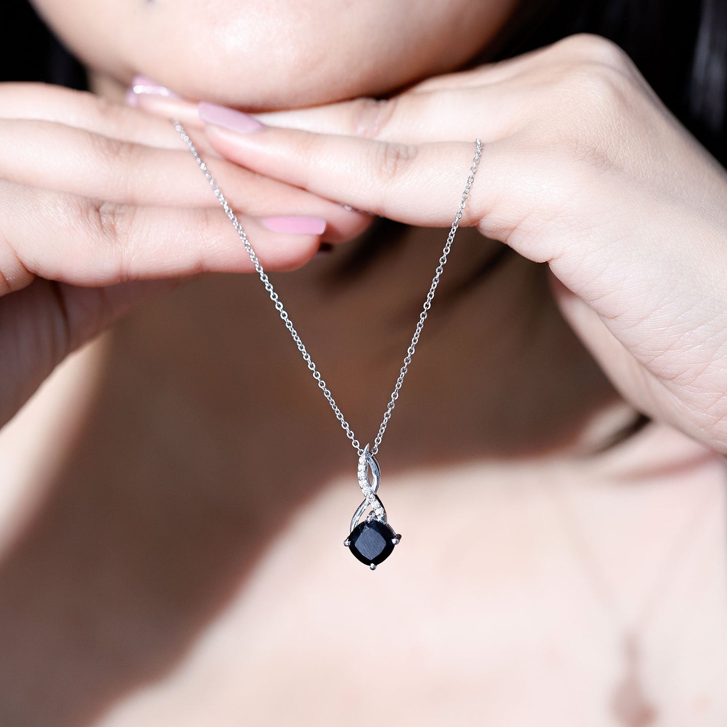 2 Carat Cushion Cut Black Spinel and Diamond Infinity Necklace