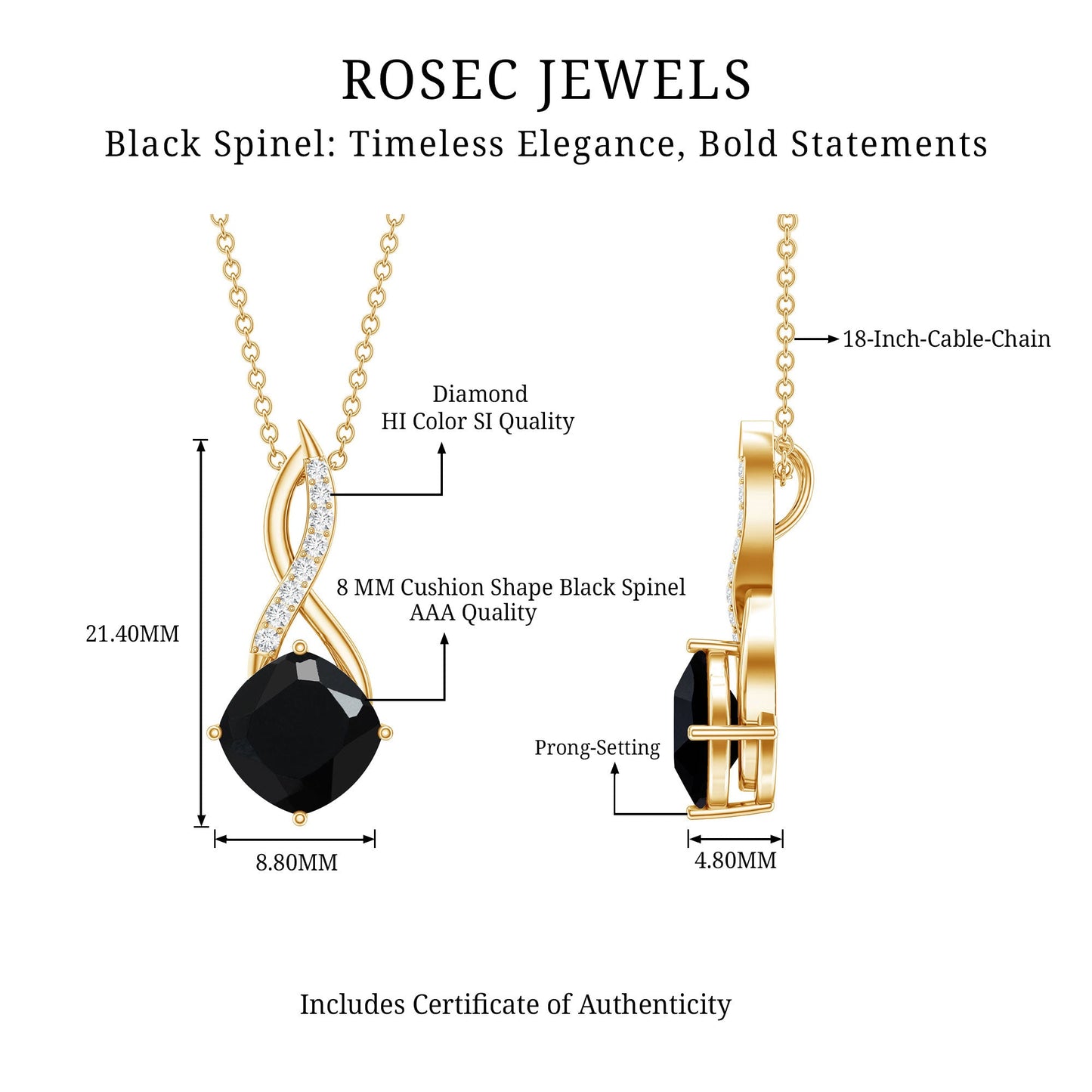 2 Carat Cushion Cut Black Spinel and Diamond Infinity Necklace