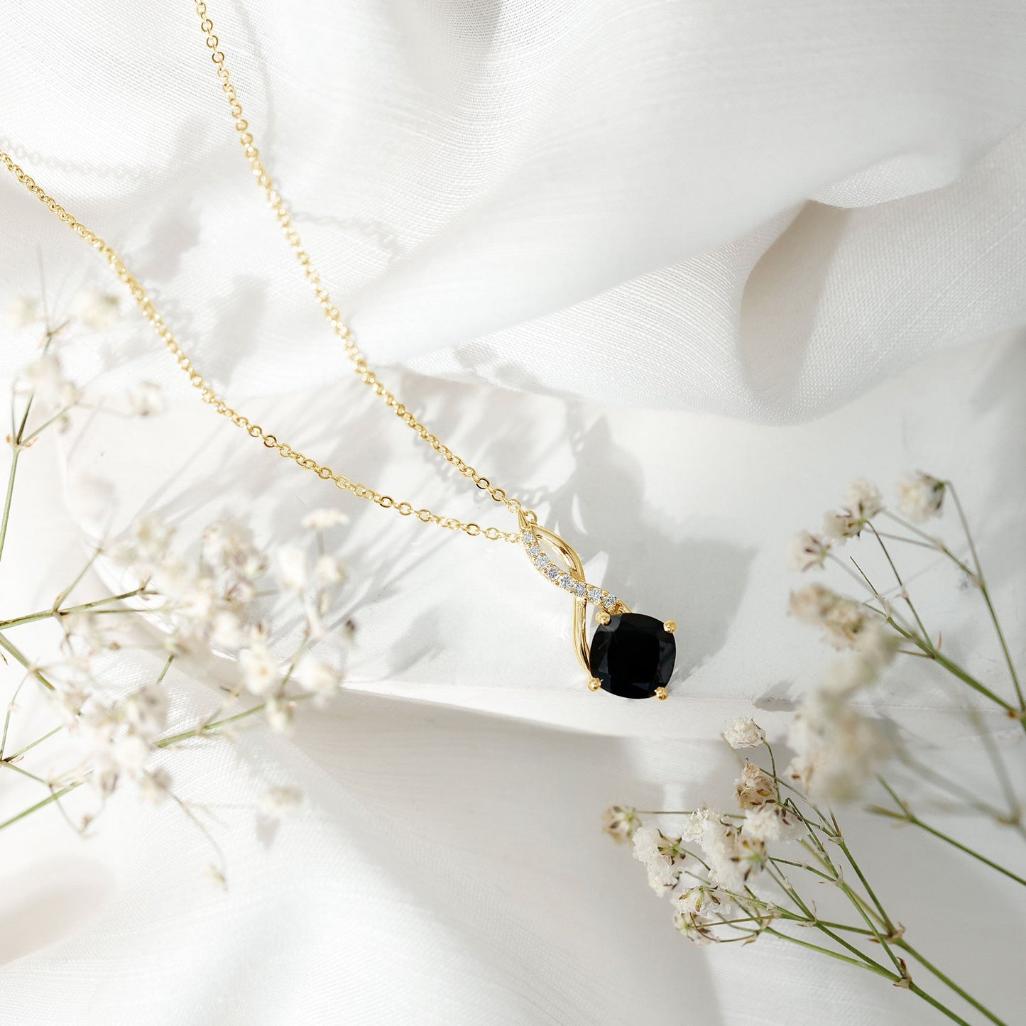 2 Carat Cushion Cut Black Spinel and Diamond Infinity Necklace