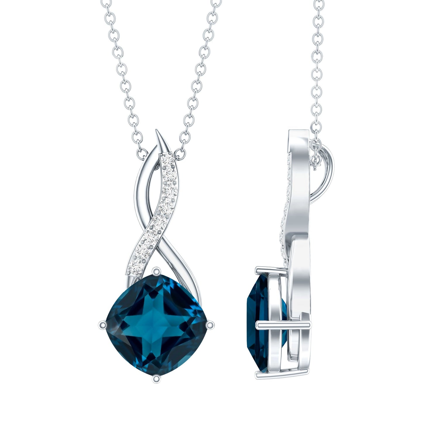 2.8 Carat Cushion Cut London Blue Topaz Infinity Pendant with Diamond