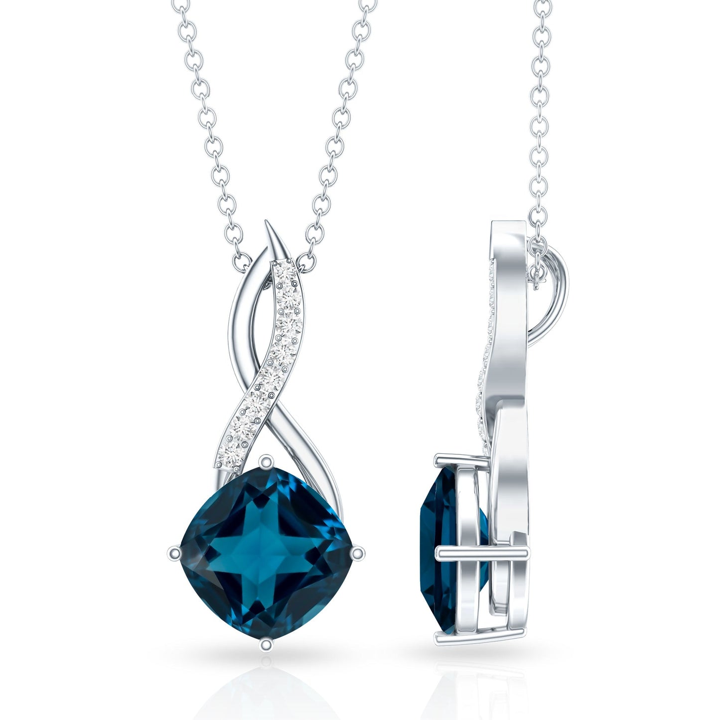 2.8 Carat Cushion Cut London Blue Topaz Infinity Pendant with Diamond