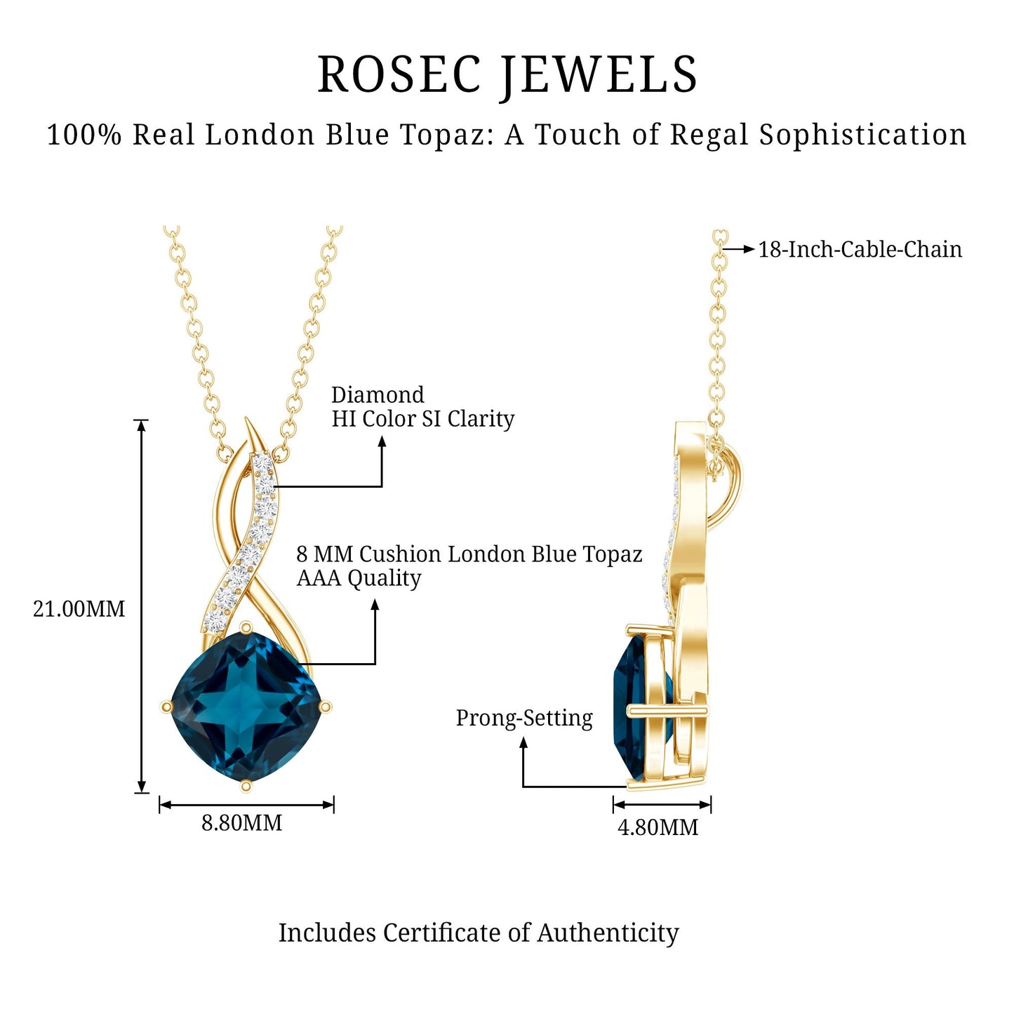 2.8 Carat Cushion Cut London Blue Topaz Infinity Pendant with Diamond
