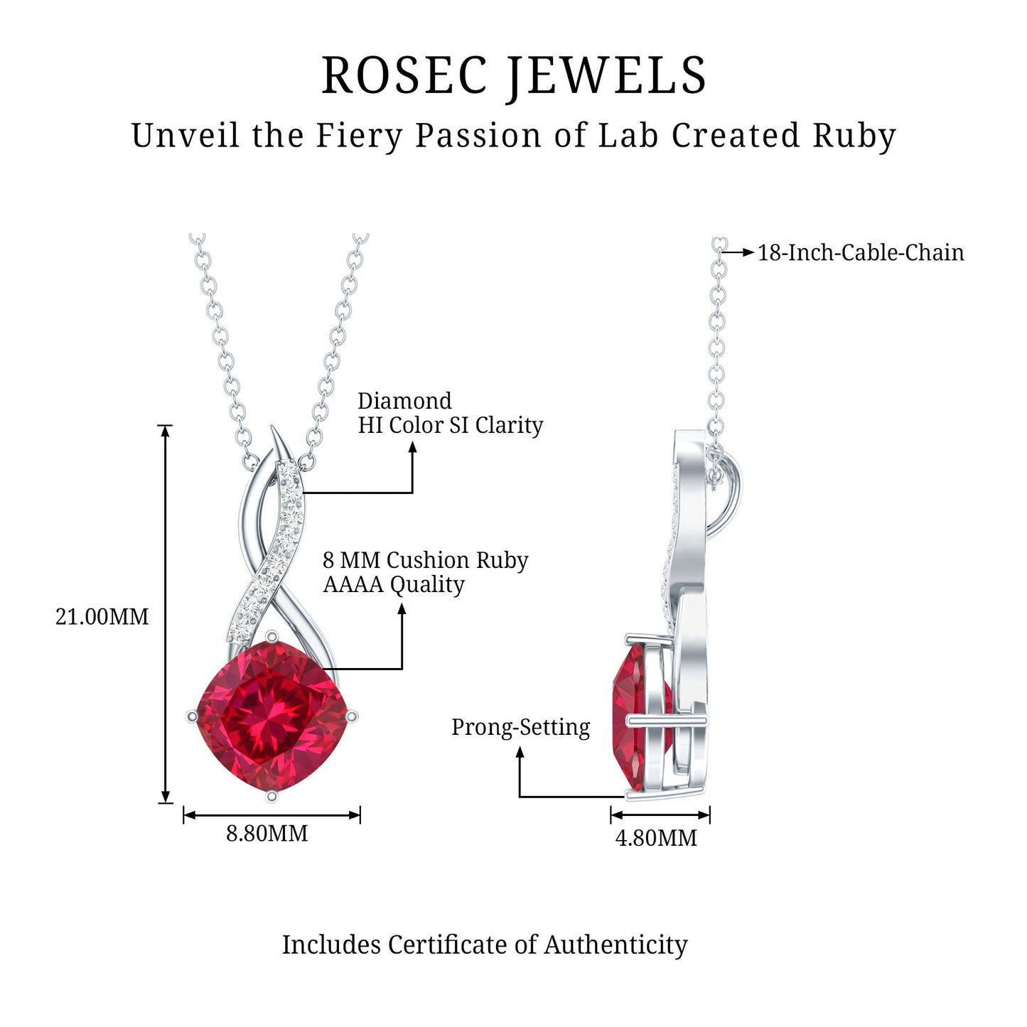 Cushion Cut Created Ruby Solitaire Infinity Pendant with Diamond