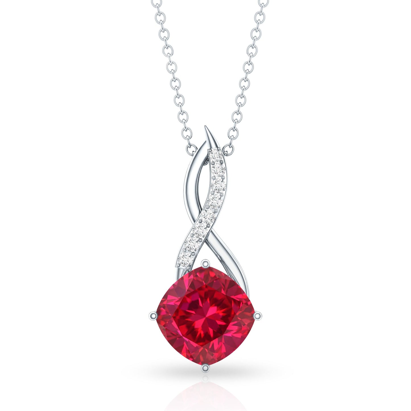 Cushion Cut Created Ruby Solitaire Infinity Pendant with Diamond