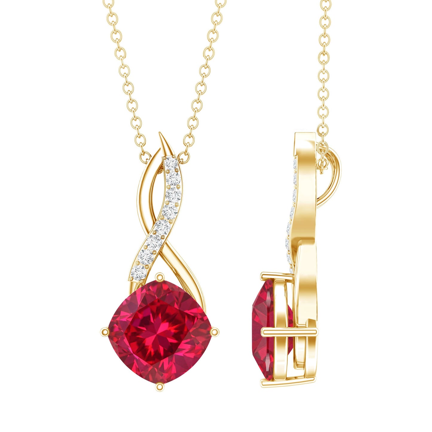 Cushion Cut Created Ruby Solitaire Infinity Pendant with Diamond