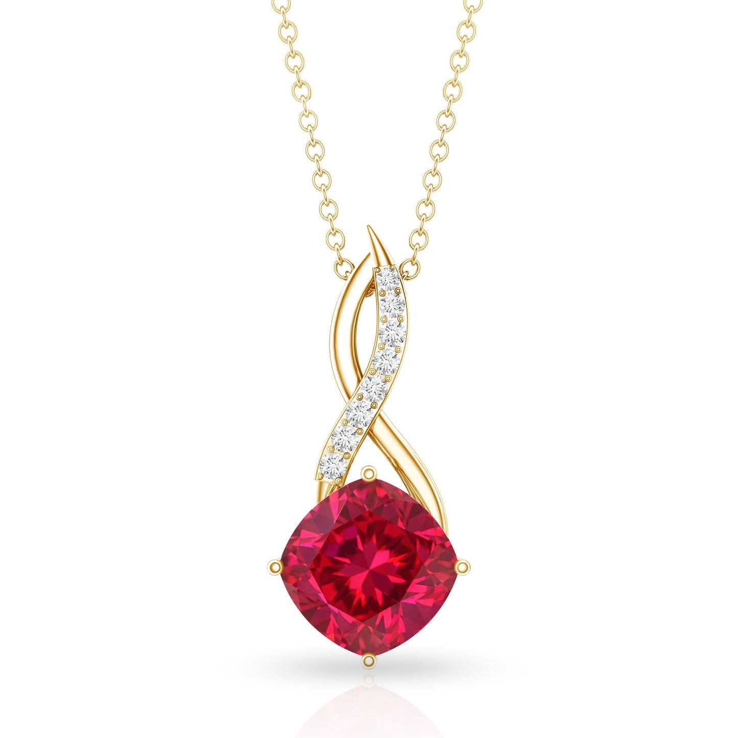Cushion Cut Created Ruby Solitaire Infinity Pendant with Diamond