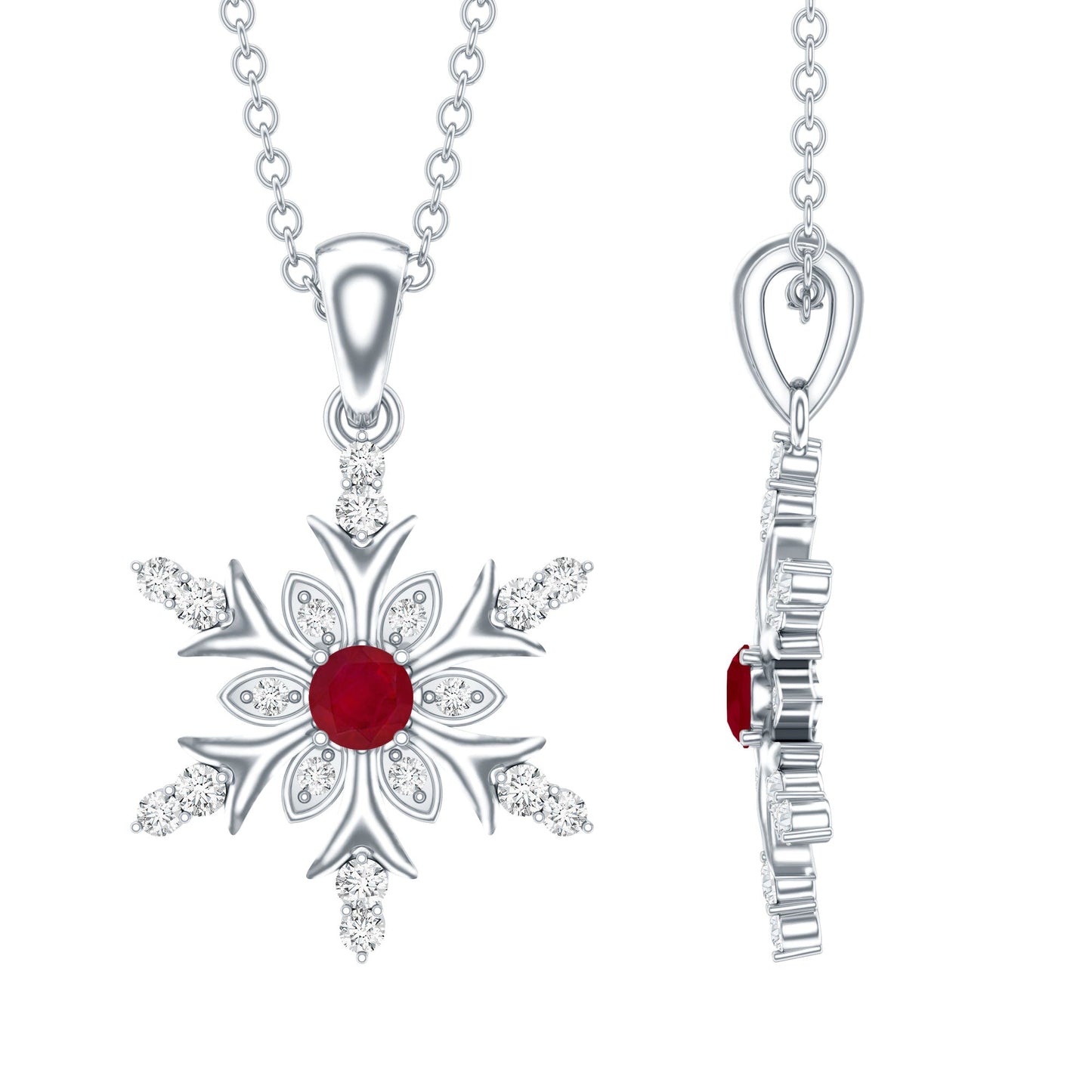 Natural Ruby and Diamond Snowflake Pendant Necklace