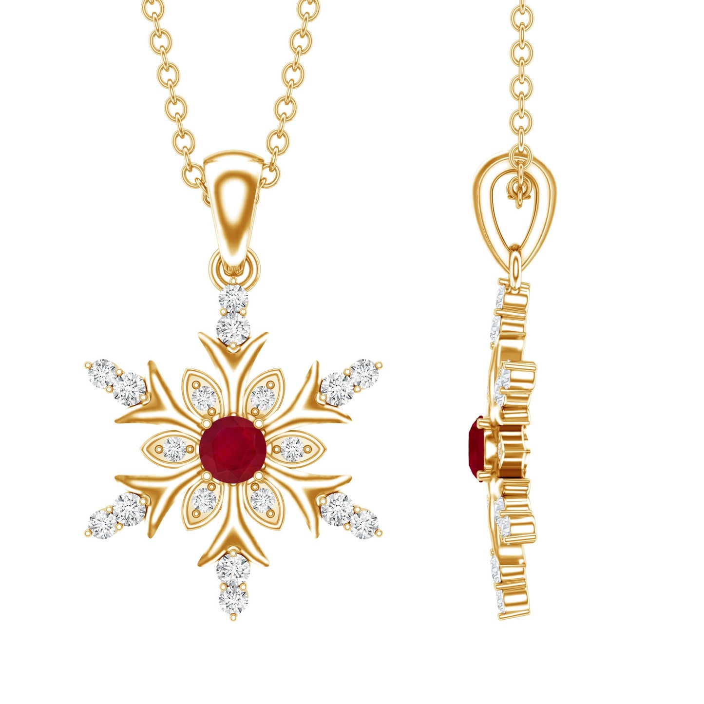 Natural Ruby and Diamond Snowflake Pendant Necklace