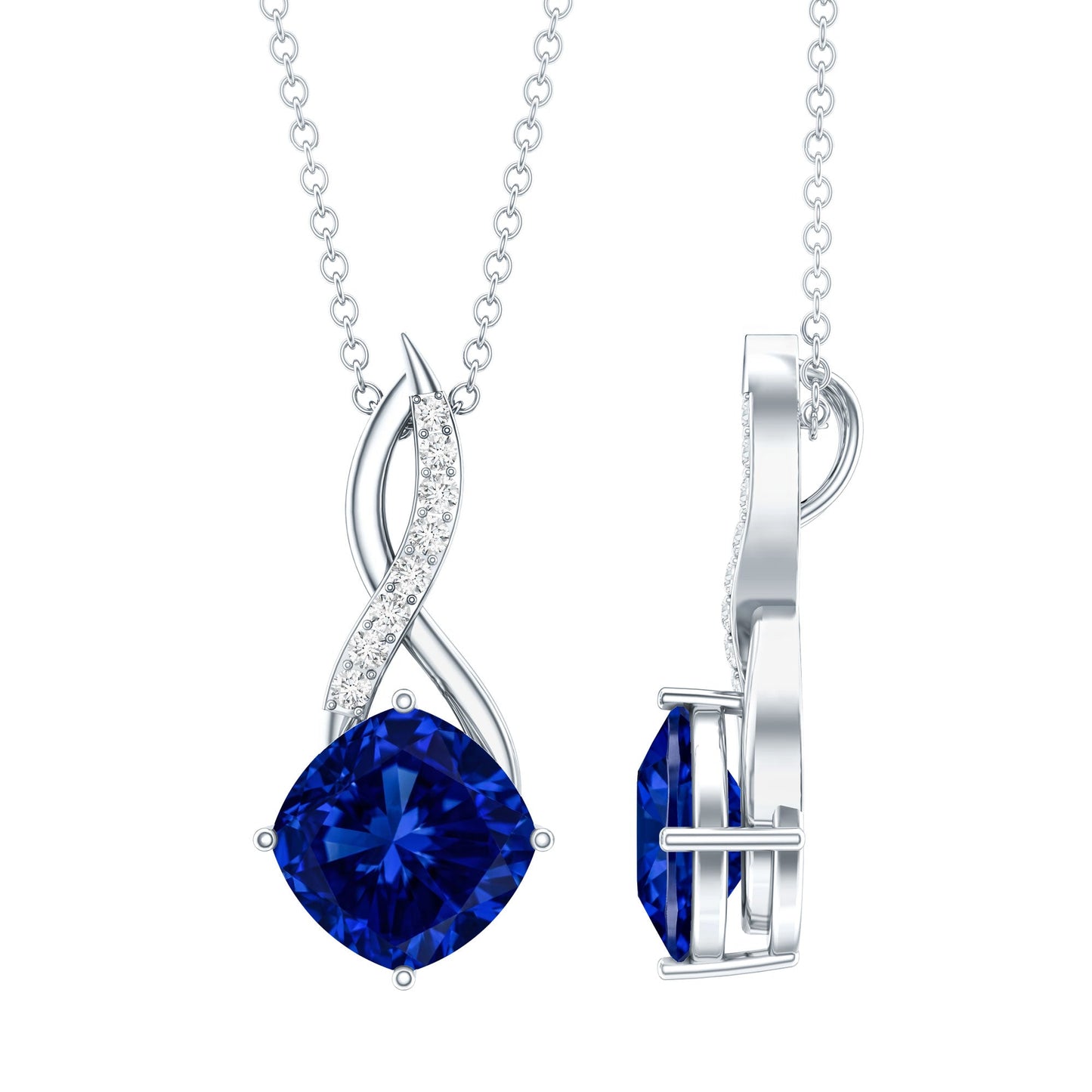 2.7 Carat Cushion Cut Lab Created Blue Sapphire Diamond Infinity Necklace