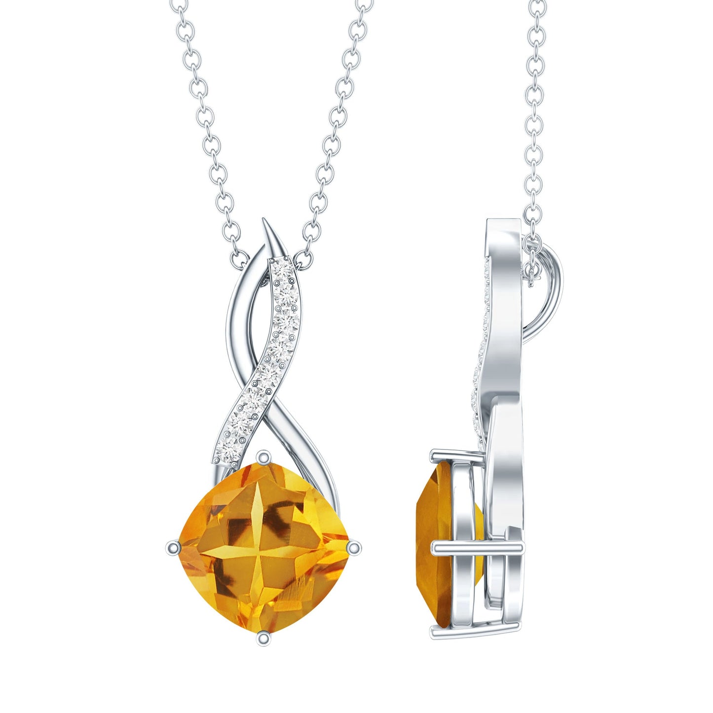 Natural 2.23 Carat Cushion Cut Citrine Infinity Pendant Necklace with Diamond