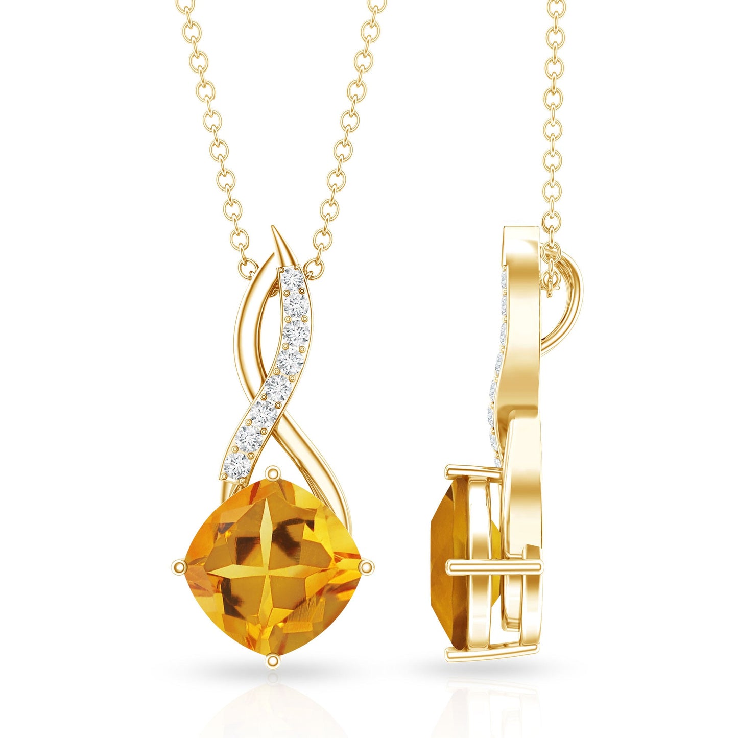 Natural 2.23 Carat Cushion Cut Citrine Infinity Pendant Necklace with Diamond