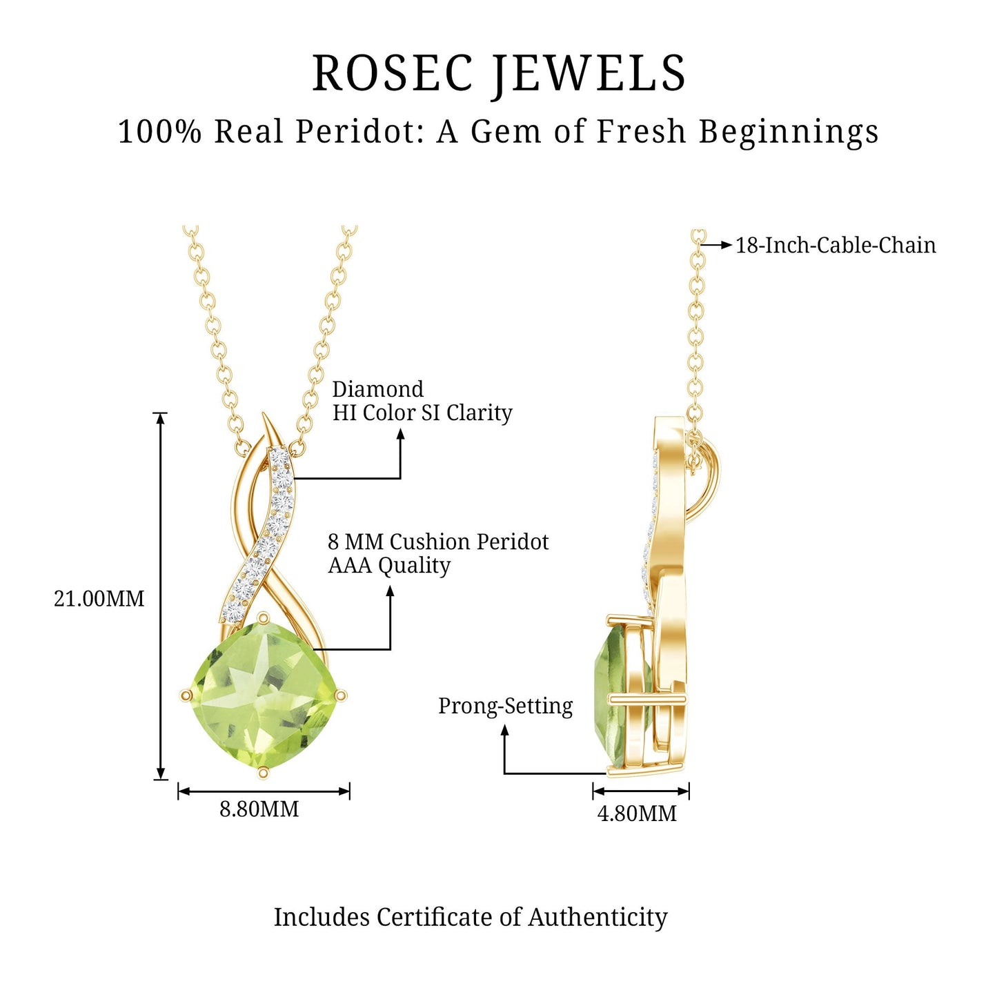 2 Carat Cushion Cut Peridot and Diamond Infinity Necklace