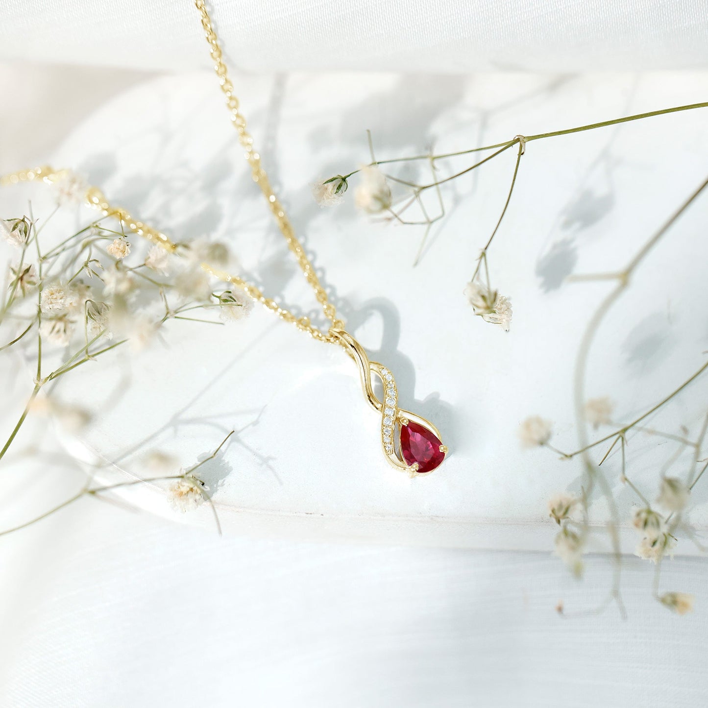 Lab Grown Ruby Teardrop Infinity Necklace with Chain