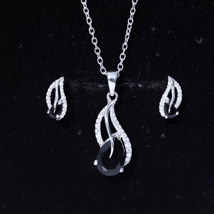 Pear Shaped Black Onyx Necklace and Earrings Set with Moissanite