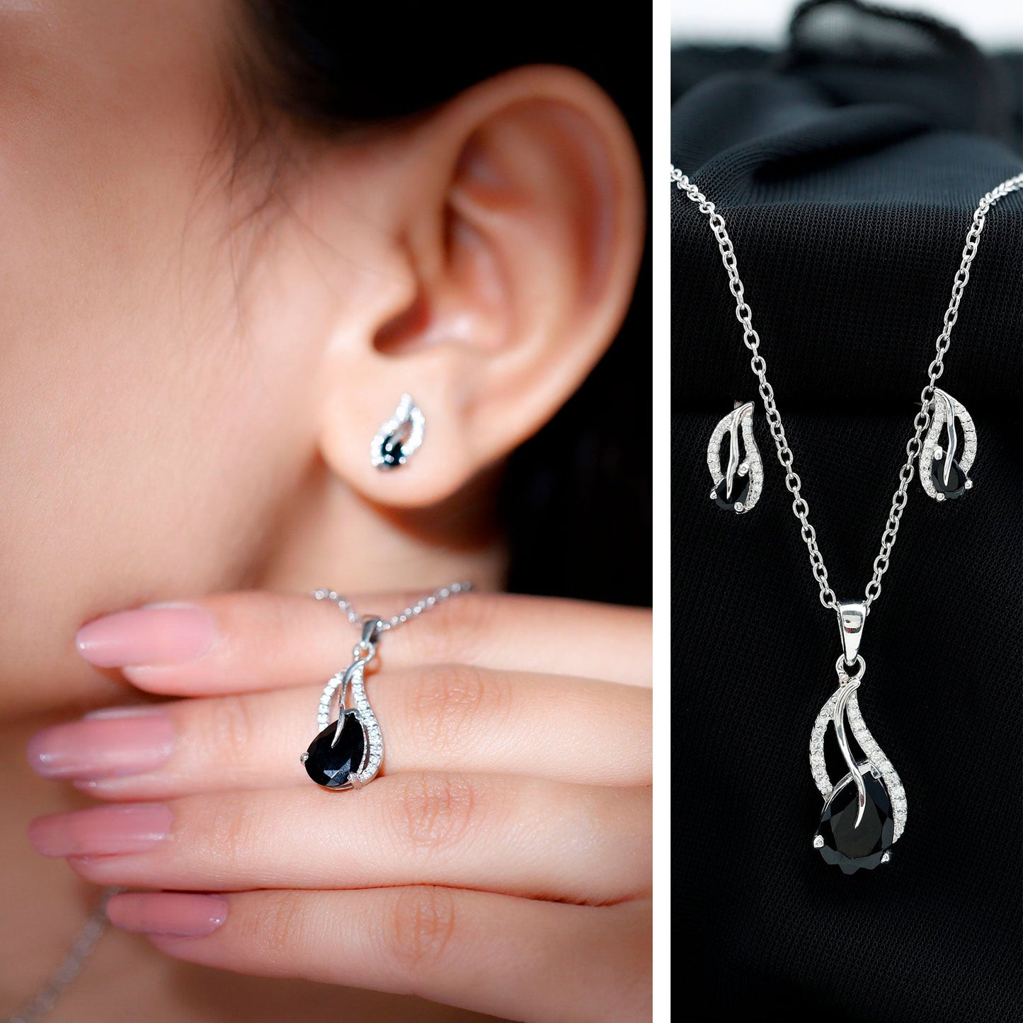 Pear Shaped Black Onyx Necklace and Earrings Set with Moissanite