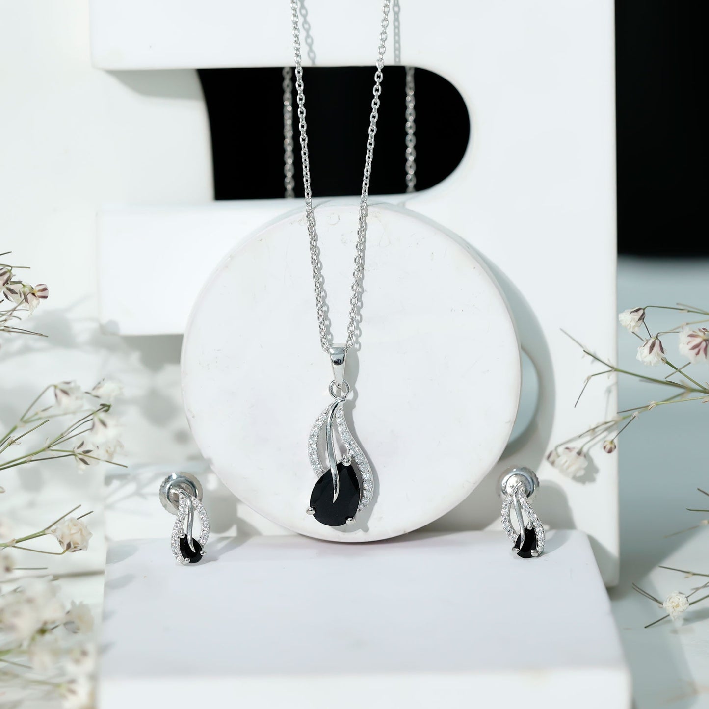 Pear Shaped Black Onyx Necklace and Earrings Set with Moissanite