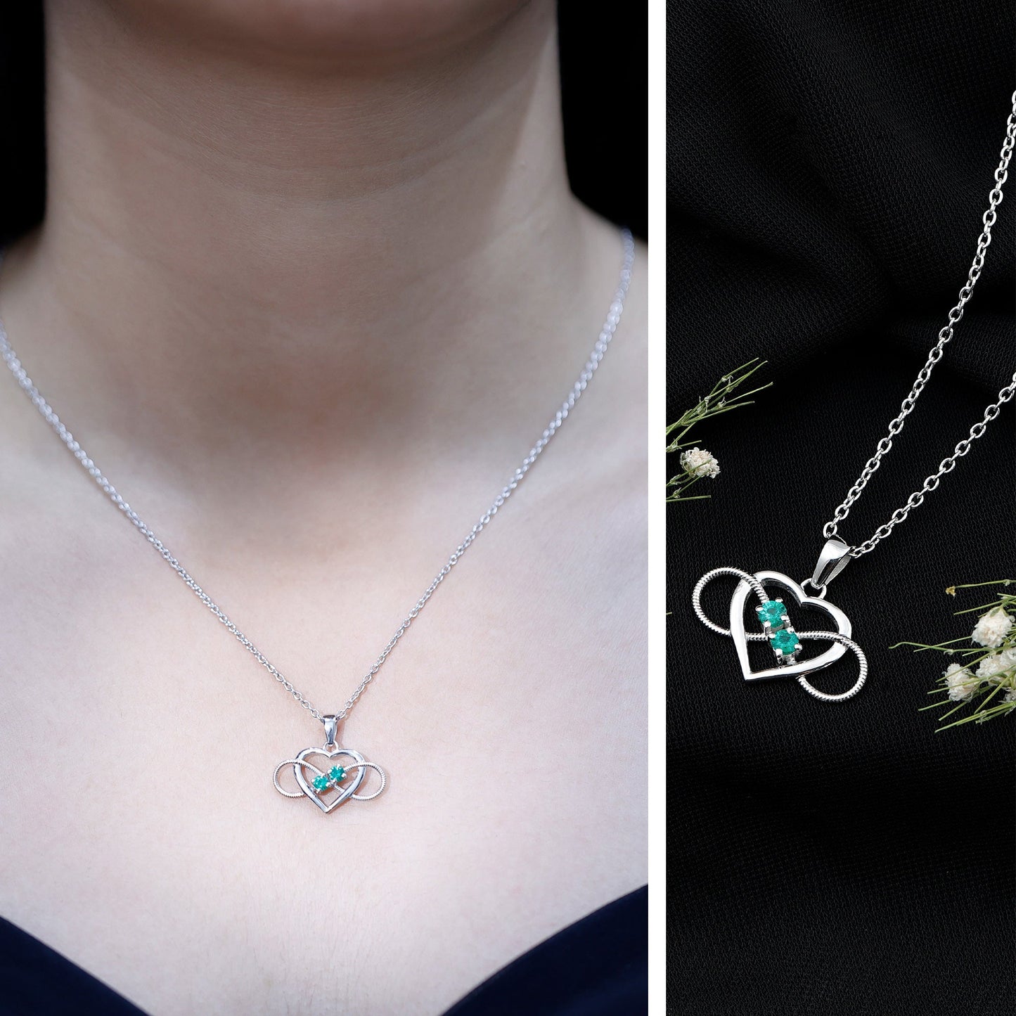 Heart Infinity Necklace with Real Emerald