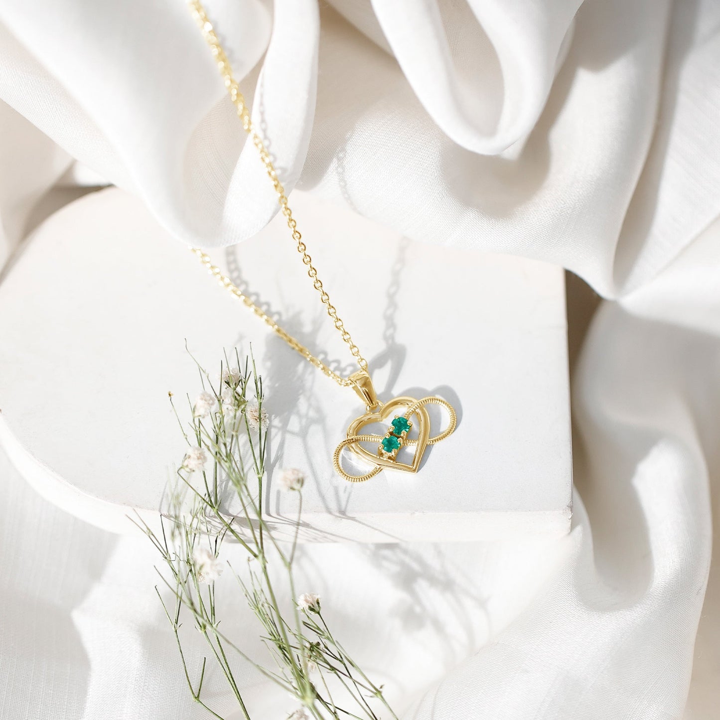 Heart Infinity Necklace with Real Emerald