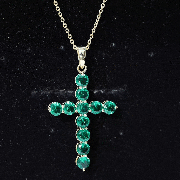 Certified Lab Grown Emerald Christian Cross Necklace With Chain