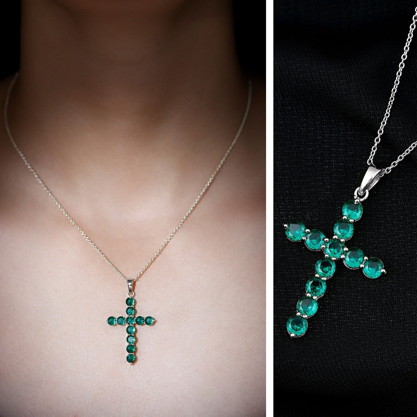 Certified Lab Grown Emerald Christian Cross Necklace With Chain