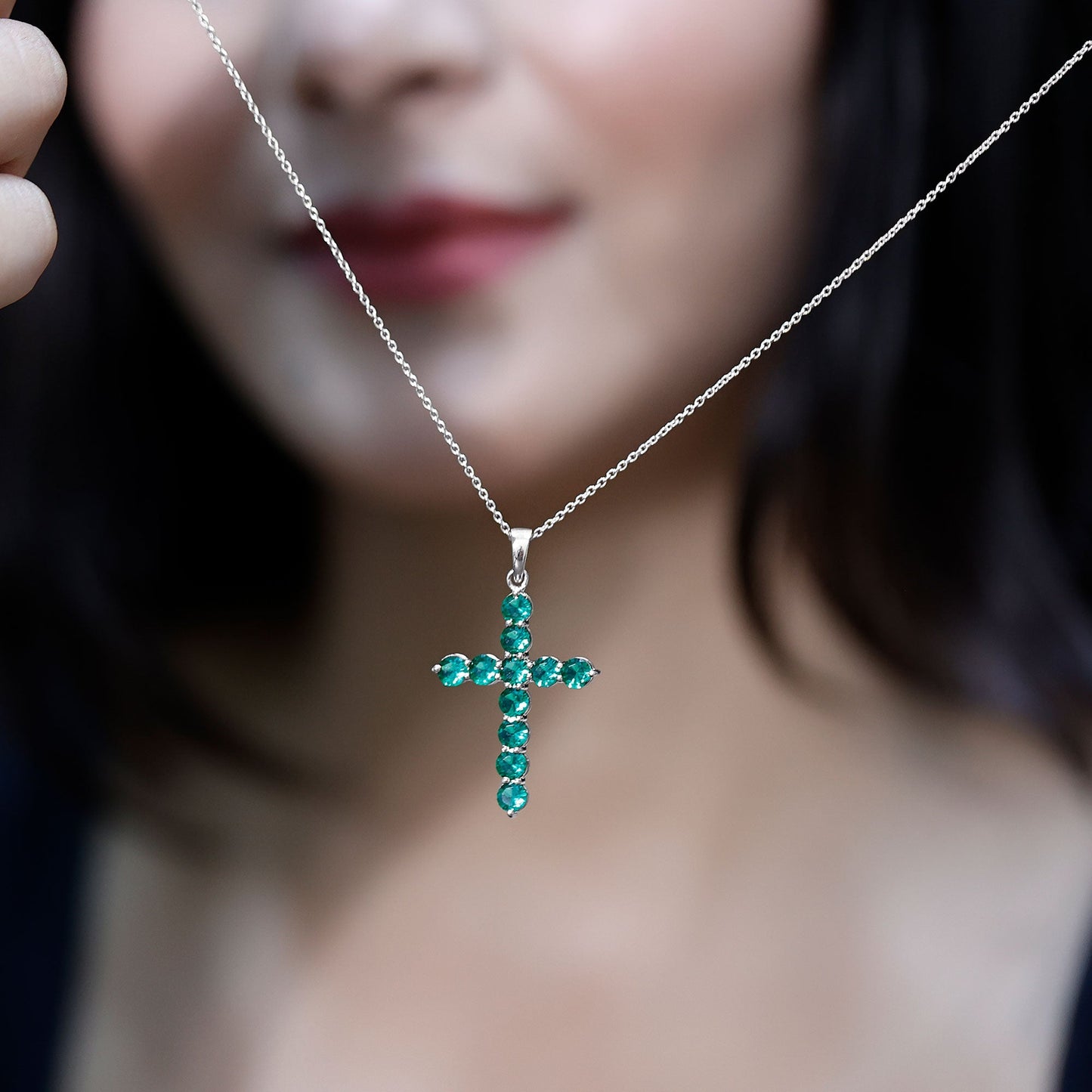 Certified Lab Grown Emerald Christian Cross Necklace With Chain