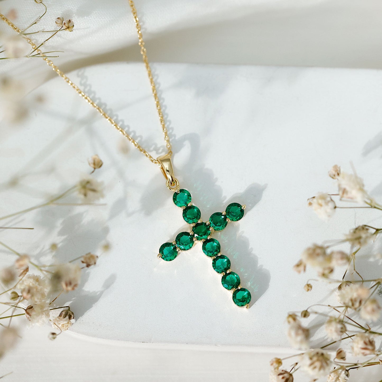 Certified Lab Grown Emerald Christian Cross Necklace With Chain