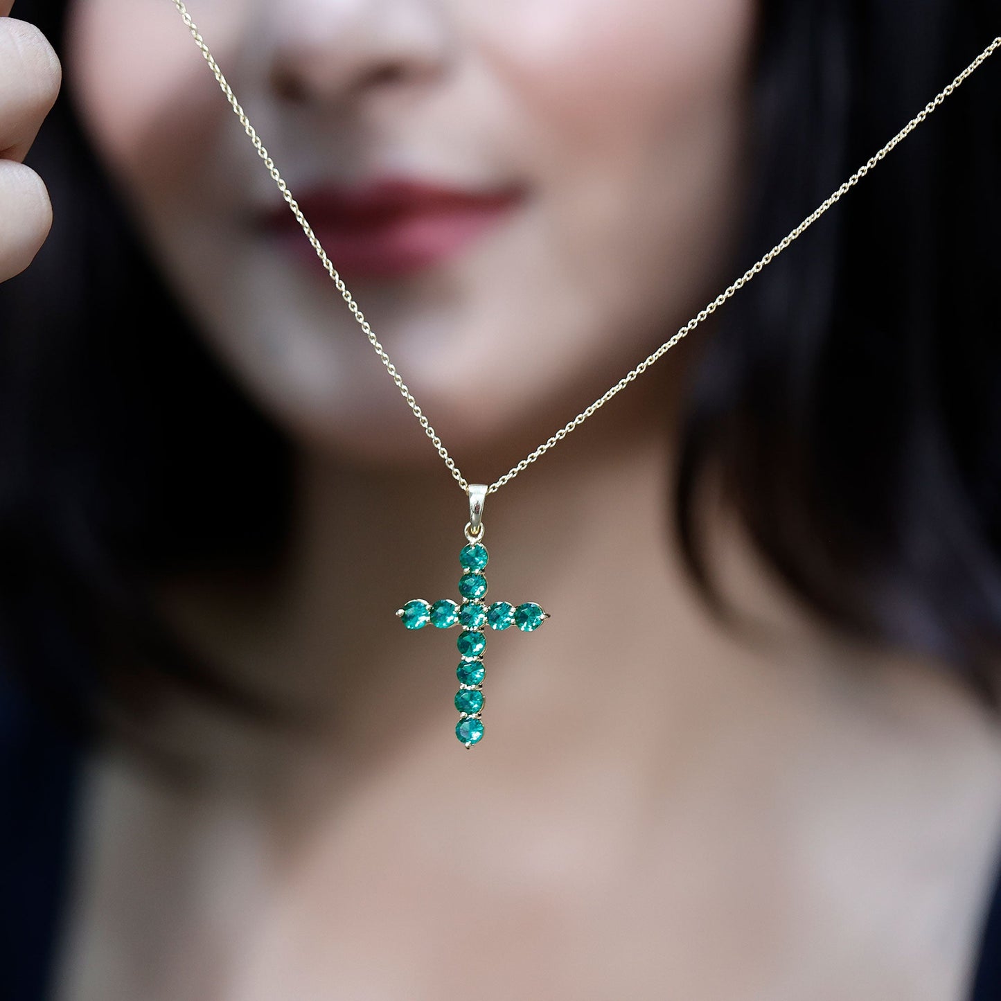 Certified Lab Grown Emerald Christian Cross Necklace With Chain